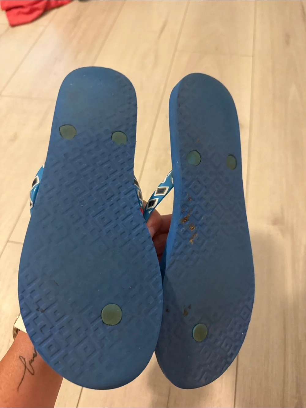 Tory Burch Teal Blue Geometric Logo Flip Flops